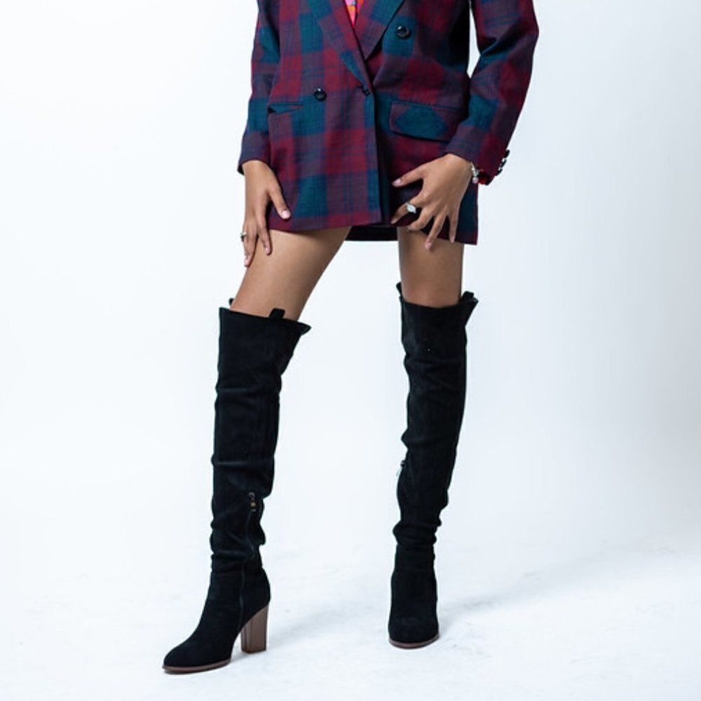 Shoe'N Tale Boots Women Black Faux Suede Chunky Heel  Over The‎ Knee Thigh High